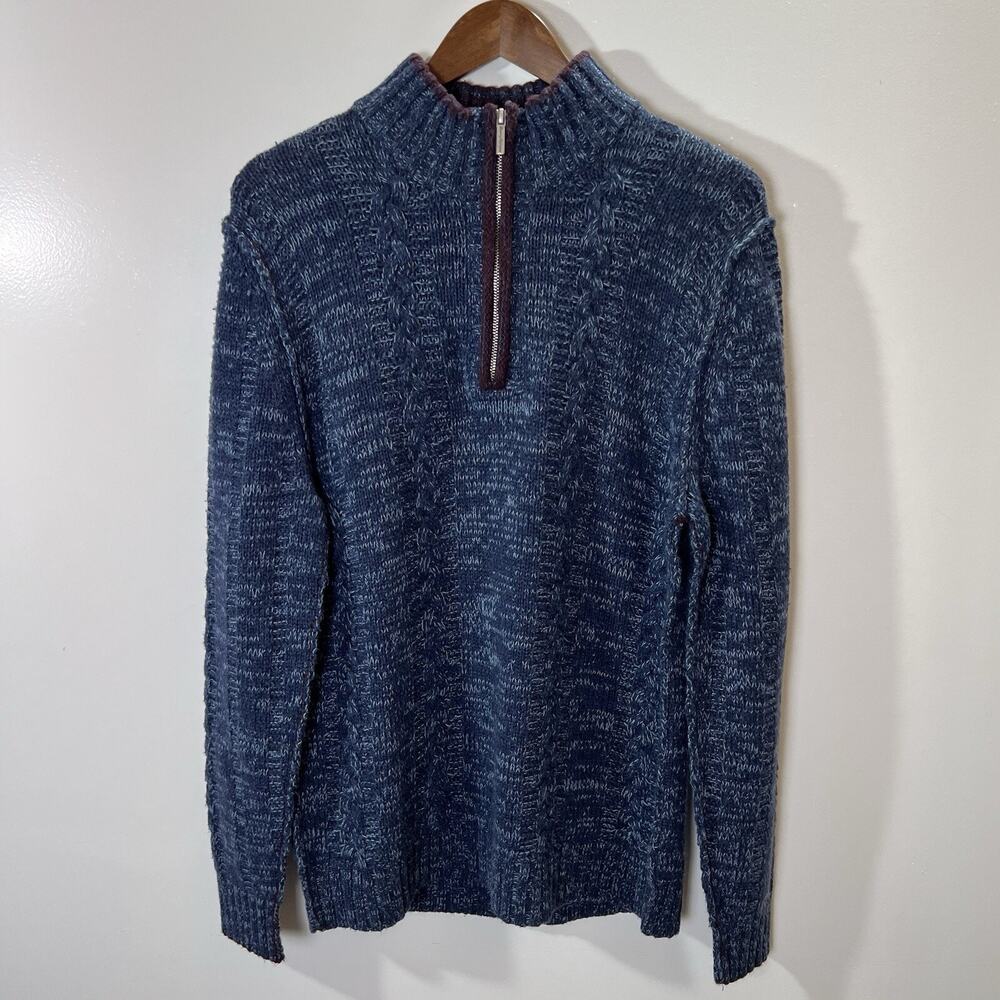 Men's Lambs Wool Sweater Sz L Blue Marled 1/4‎ Zip Minimalist Timeless Luxurious